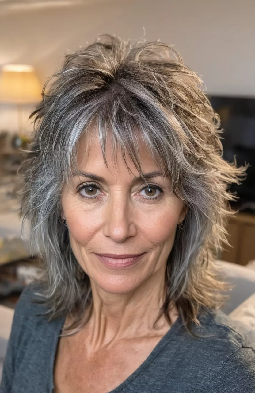 Messy Shag for Women with Thin Fine Hair A photo of a 52-year-old Maria, messy shag thin fine hair, front view, living room background
