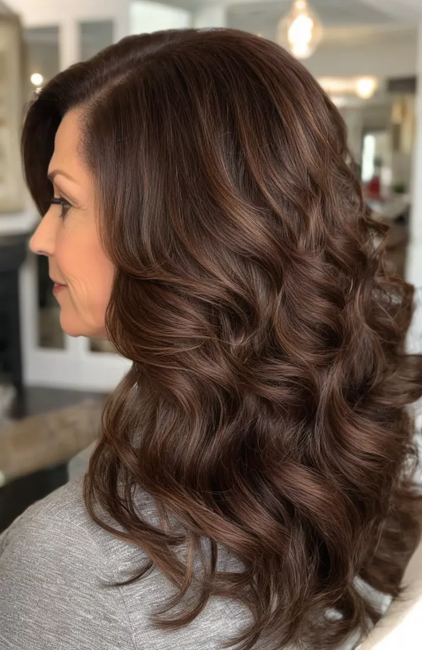 A photo of a 57-year-old Sharon, long chocolate brown waves with side part, back view, living room background