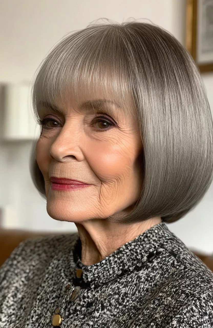 A photo of a 70-year-old Janet, rounded bob, side view, living room background