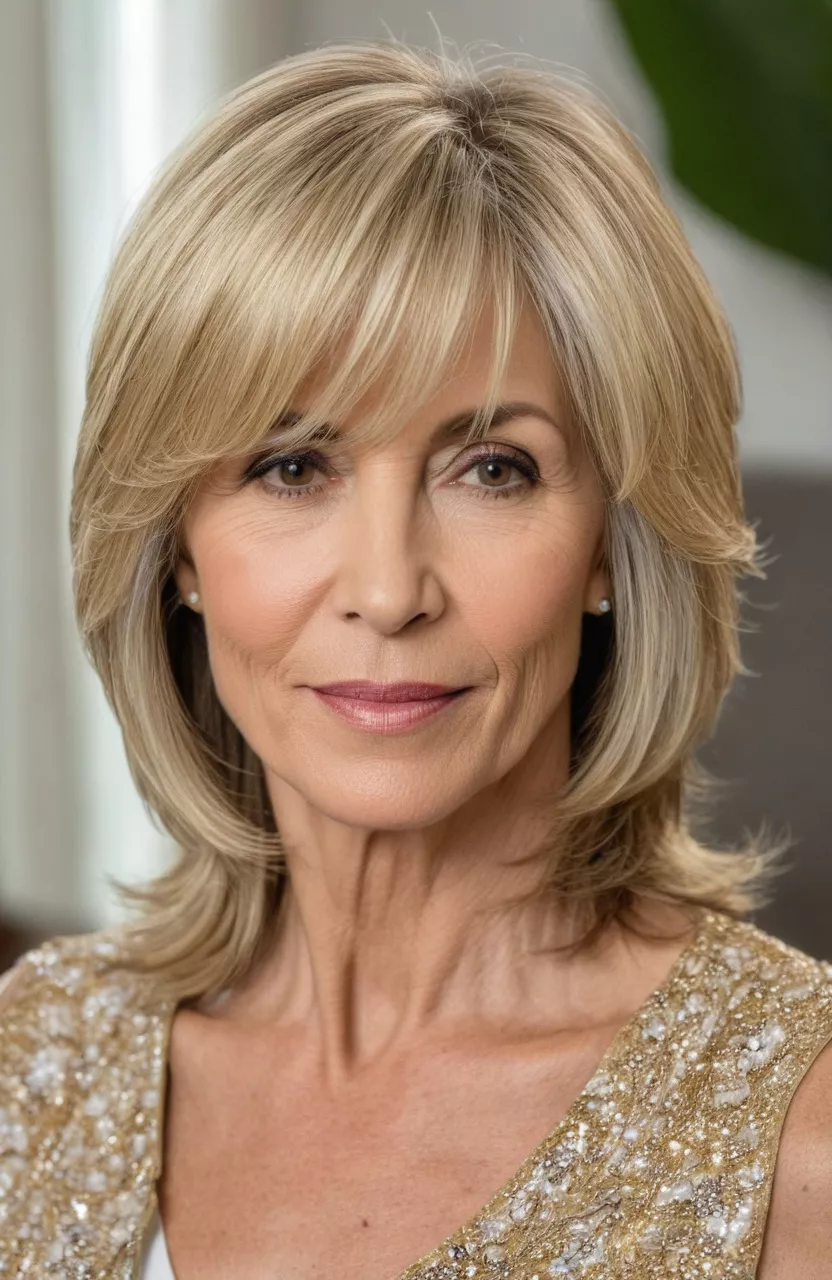 A photo of a 55-year-old Teresa, shoulder-length blonde layers with side-swept bangs, front view, living room background