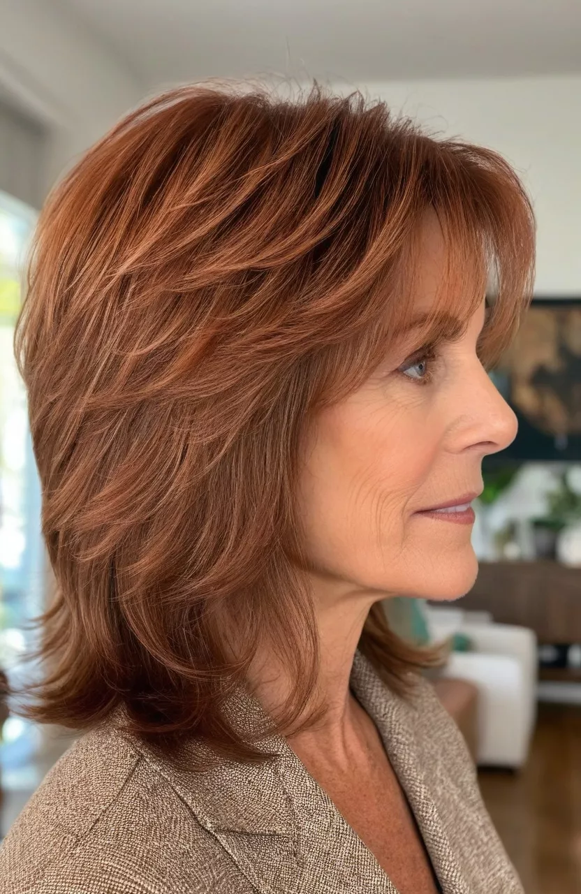 Cowboy Copper Cut A photo of a 53-year-old Diana, copper-colored medium cut, side view, living room background