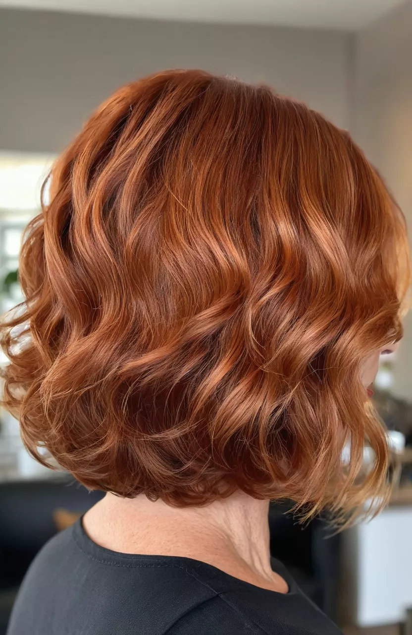 A photo of a 50-year-old Nancy, warm copper wavy bob with stacked back, back view, living room background