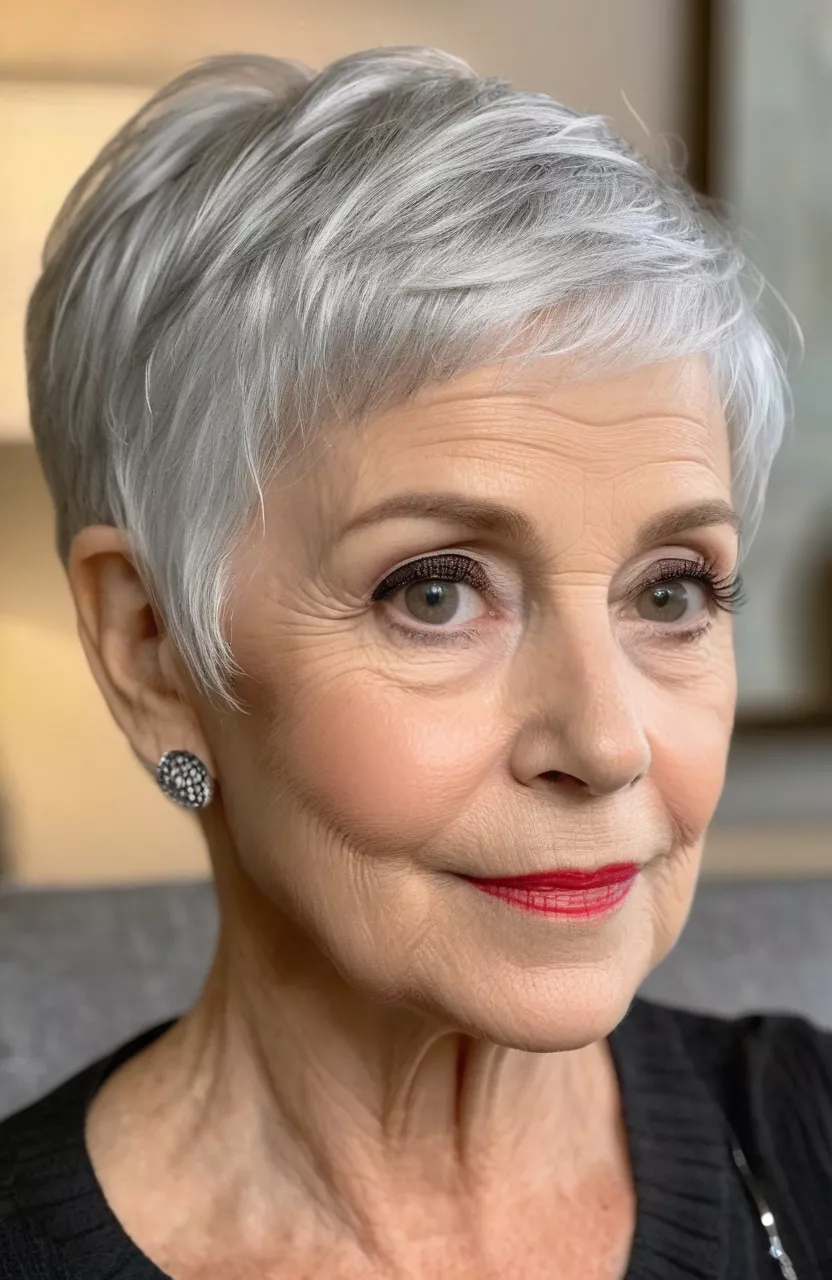 A photo of a 71-year-old Ruth, short silver pixie bob, side view, living room background