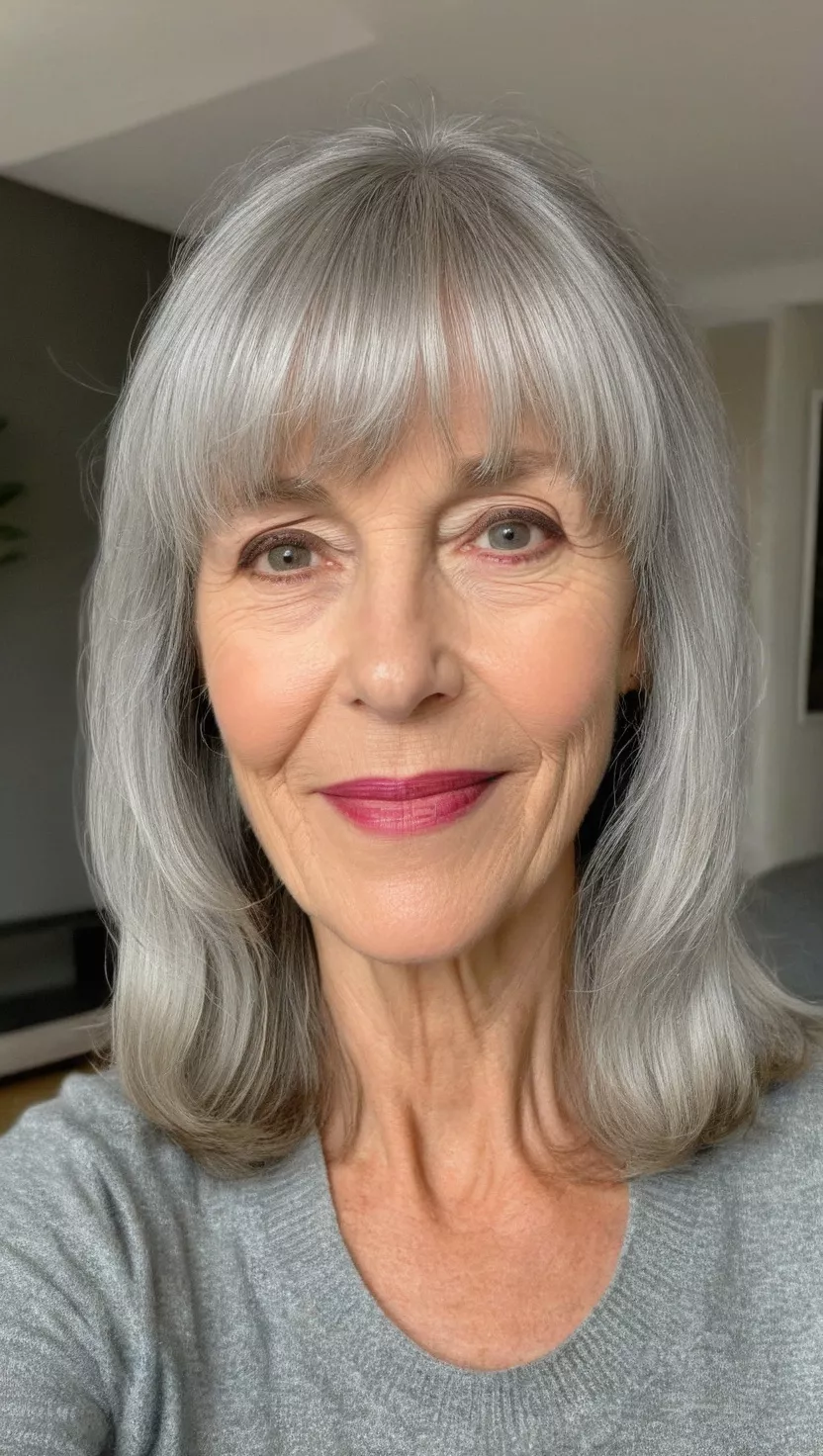 A photo of a 53-year-old Frances, soft silver layers with bangs, front view, living room background