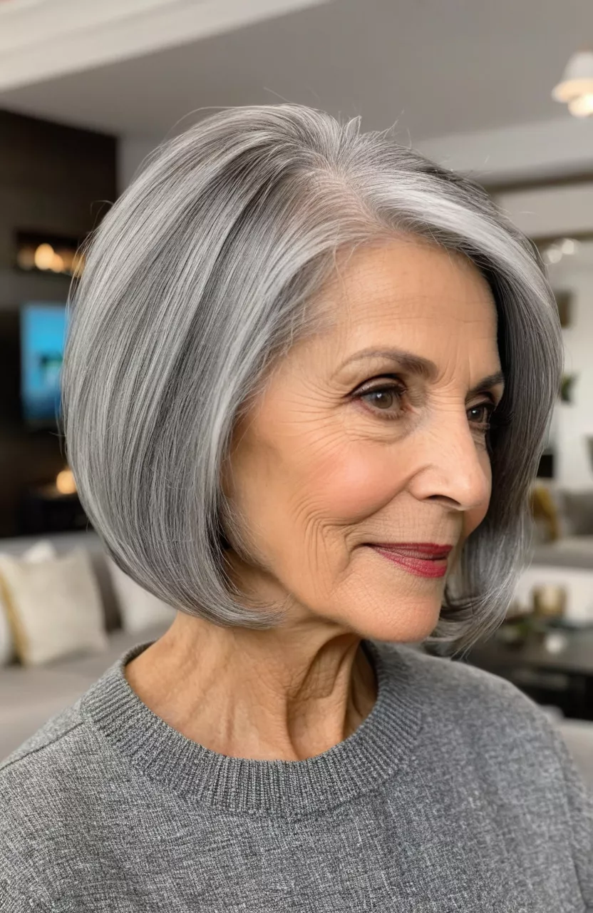 A photo of a 69-year-old Maria, angled gray bob with dramatic side part, side view, living room background