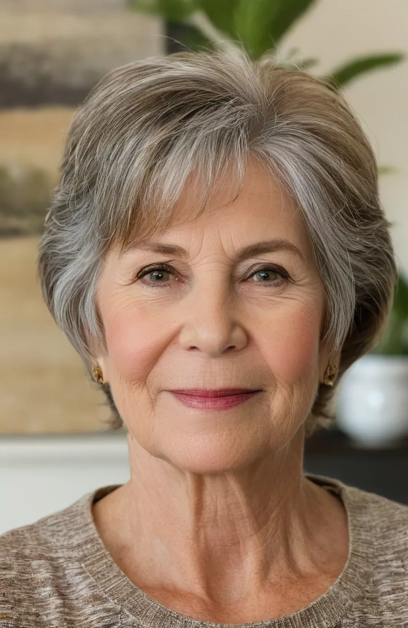 Bob with Natural Coloring A close-up photo of a 58-year-old Ruth, bob with natural coloring, front view, living room background