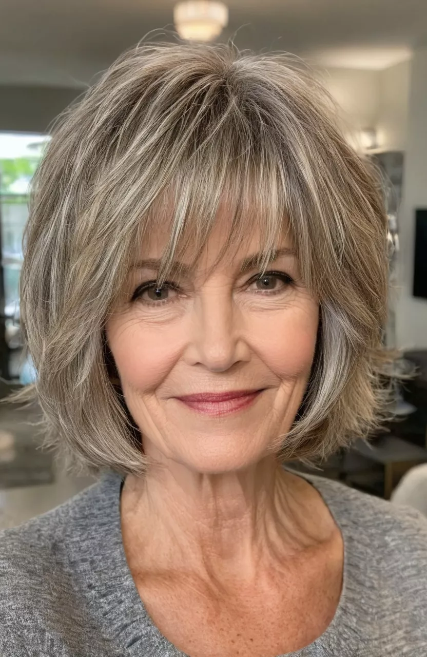 Textured Tousled Bob A photo of a 62-year-old Jennifer, textured tousled bob, front view, living room background