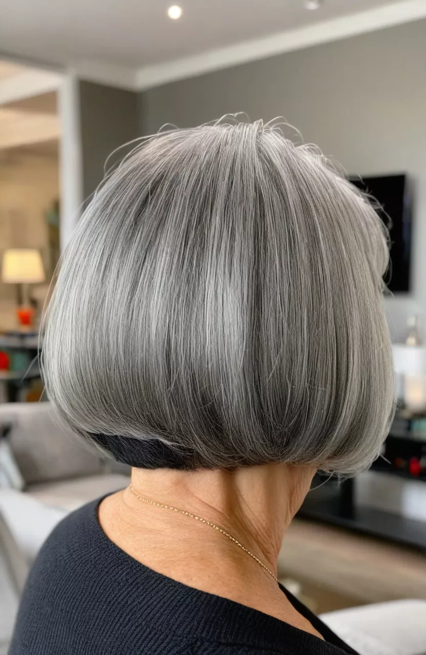 A photo of a 75-year-old Sandra, chin-length stacked gray bob, back view, living room background