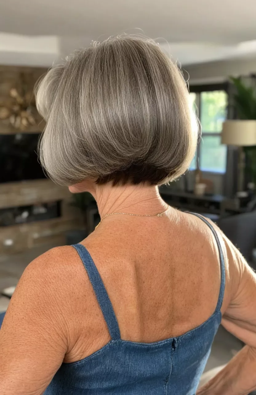 Wedge Bob A photo of a 65-year-old Julie, wedge bob, back view, living room background