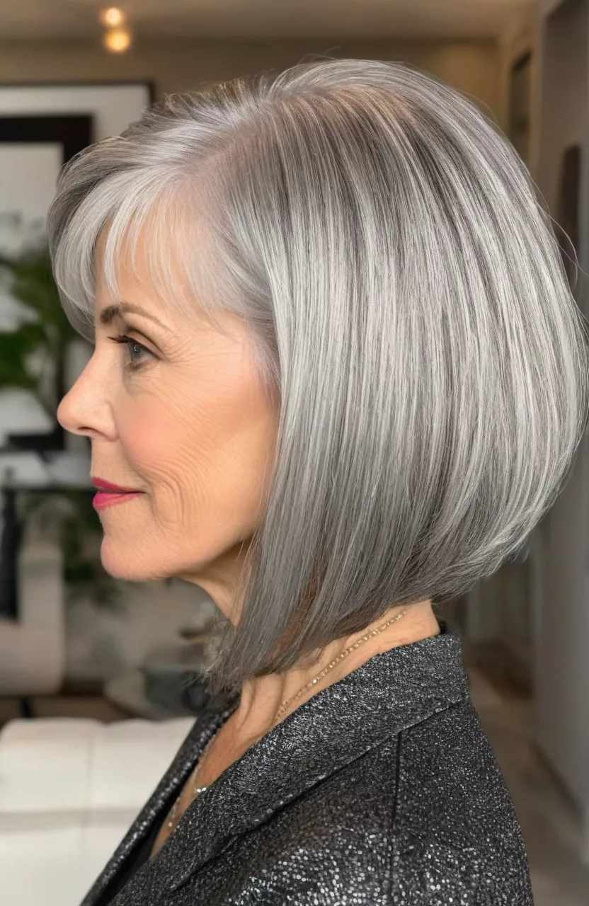 Modern Textured Silver Bob A photo of a 59-year-old Amy, modern textured silver bob, side view, living room background
