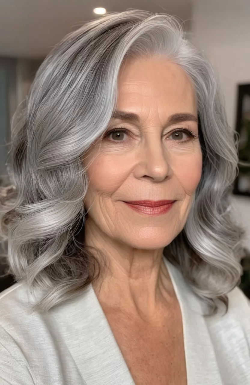 Silver Balayage A photo of a 59-year-old Carol, silver balayage medium hair, front view, living room background
