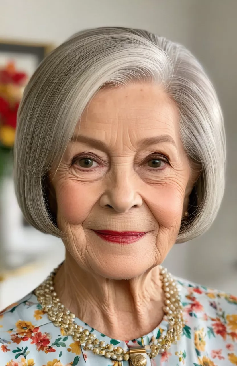 Side-Parted Bob A photo of a 79-year-old Martha, side-parted bob, front view, living room background