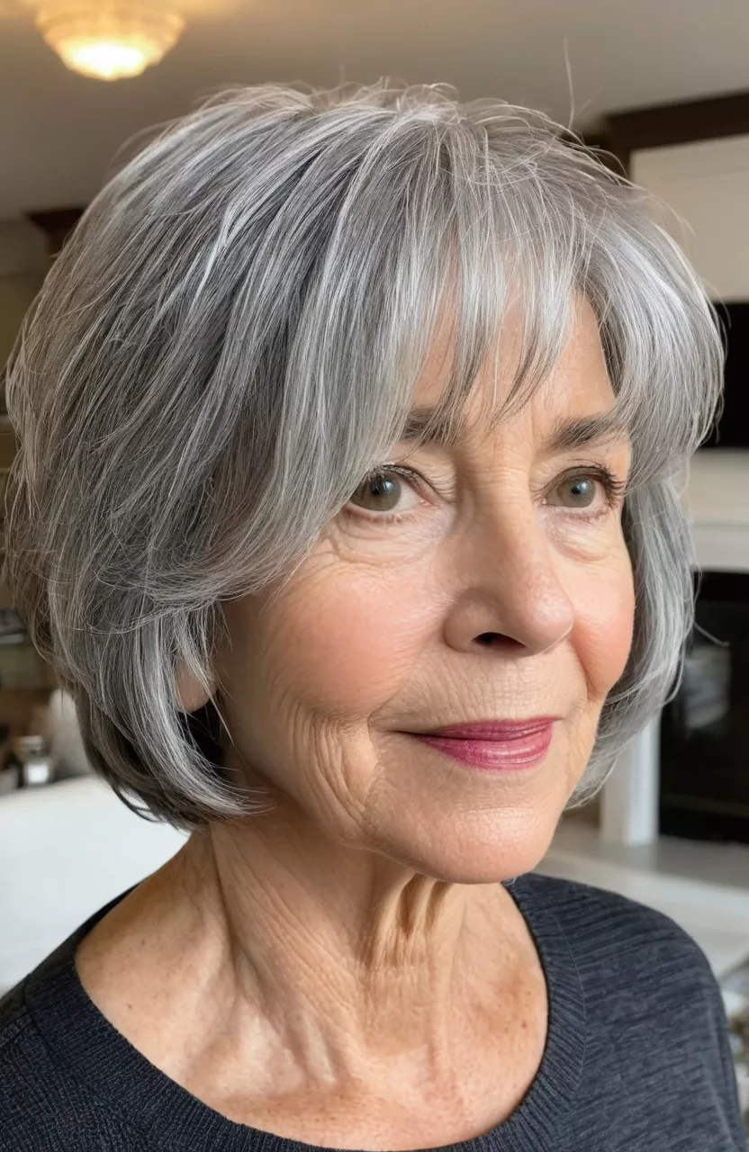 A photo of a 66-year-old Carol, tousled wash-and-wear gray bob, front view, living room background