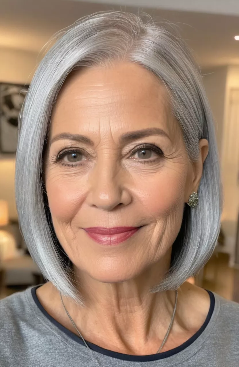 Simple Silver Bob for Straight Hair A photo of a 52-year-old Brenda, simple silver bob for straight hair, front view, living room background