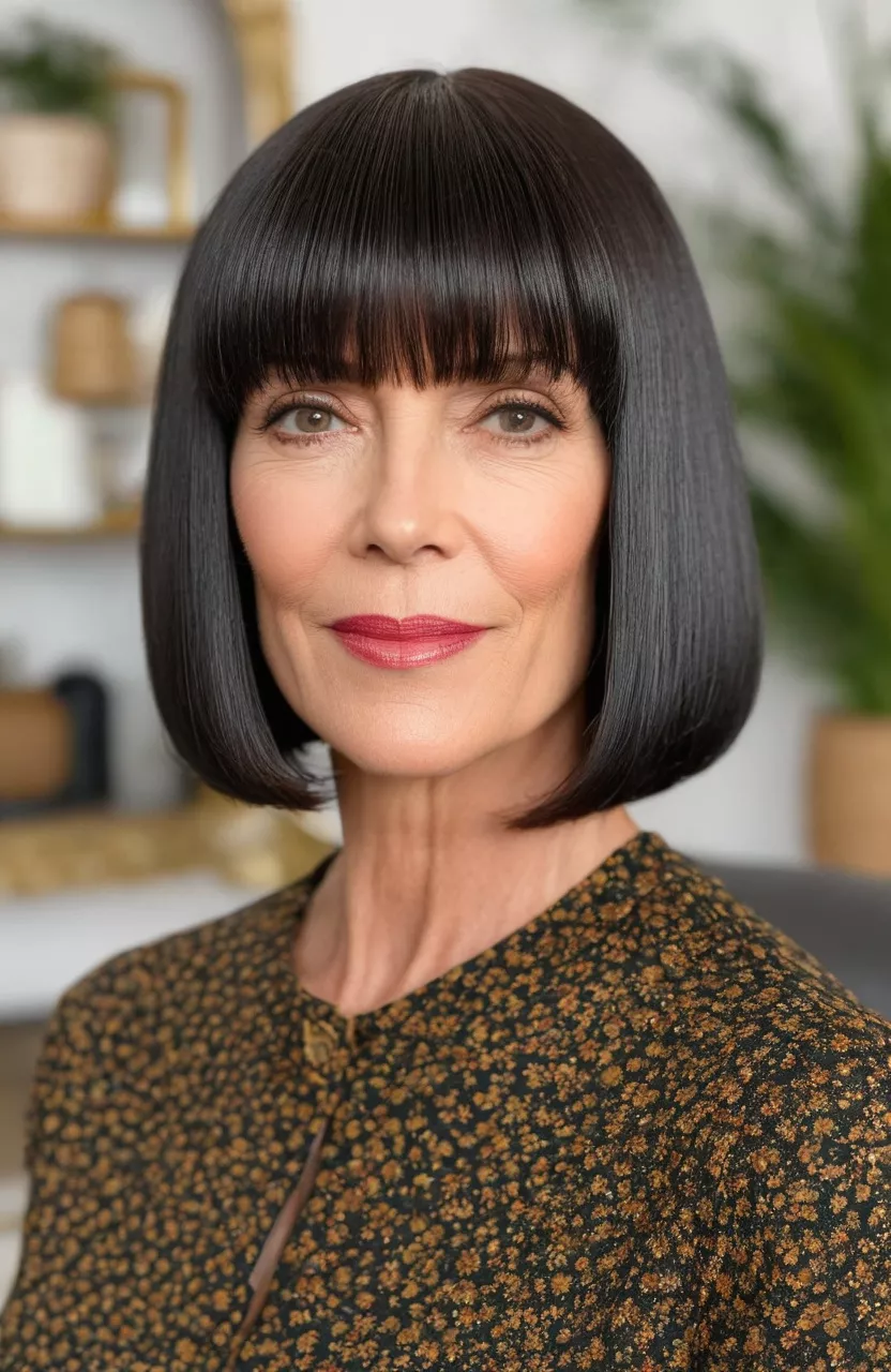 Sleek Bob with Bangs A photo of a 51-year-old Kathleen, sleek bob with bangs, front view, living room background