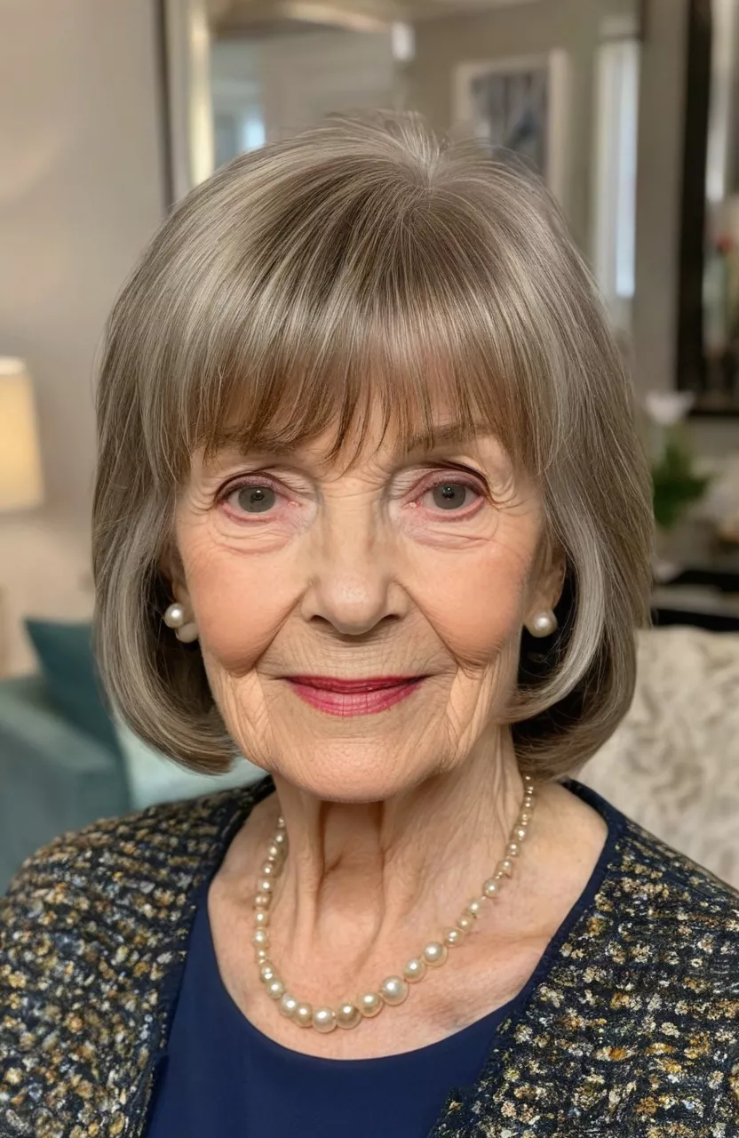 A photo of a 79-year-old Emma, layered mid-length cut with bangs, front view, living room background