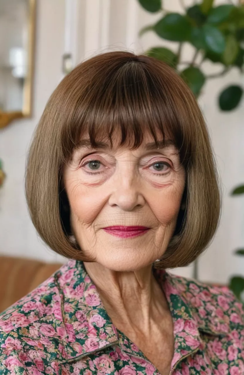 A photo of a 75-year-old Rose, French bob with bangs, front view, living room background