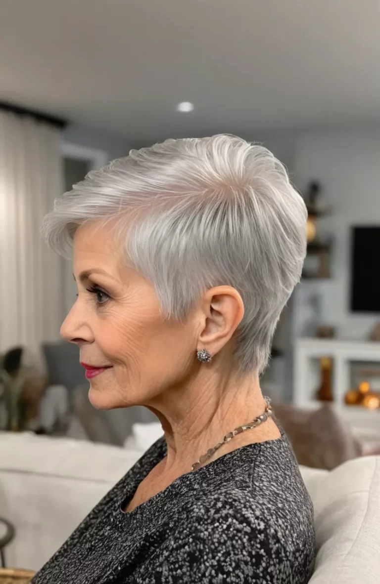 A photo of a 75-year-old Virginia, tapered silver pixie, side view, living room background