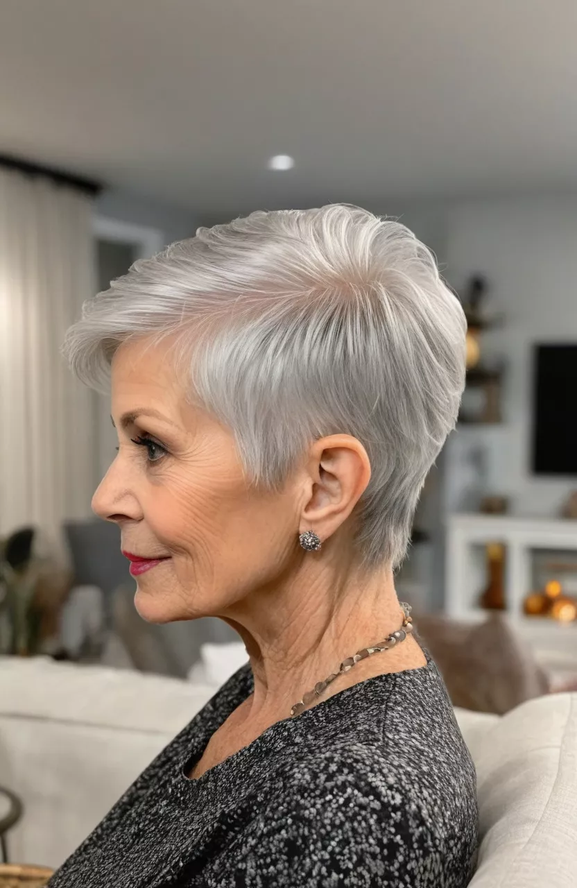 Tapered Silver Pixie A photo of a 75-year-old Virginia, tapered silver pixie, side view, living room background