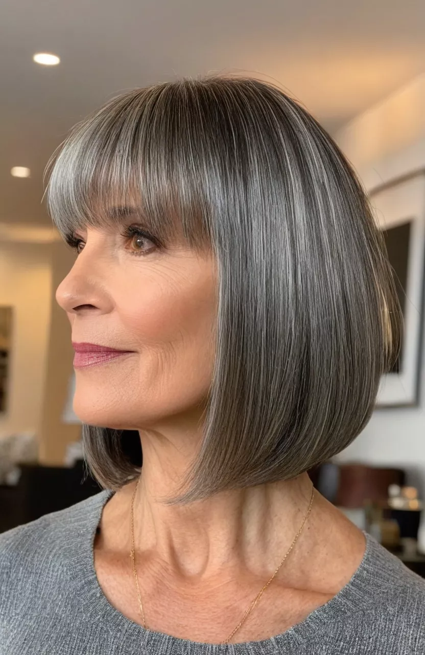 Flattering Asymmetrical Bob with Bangs A photo of a 54-year-old Janet, flattering asymmetrical bob with bangs, side view, living room background