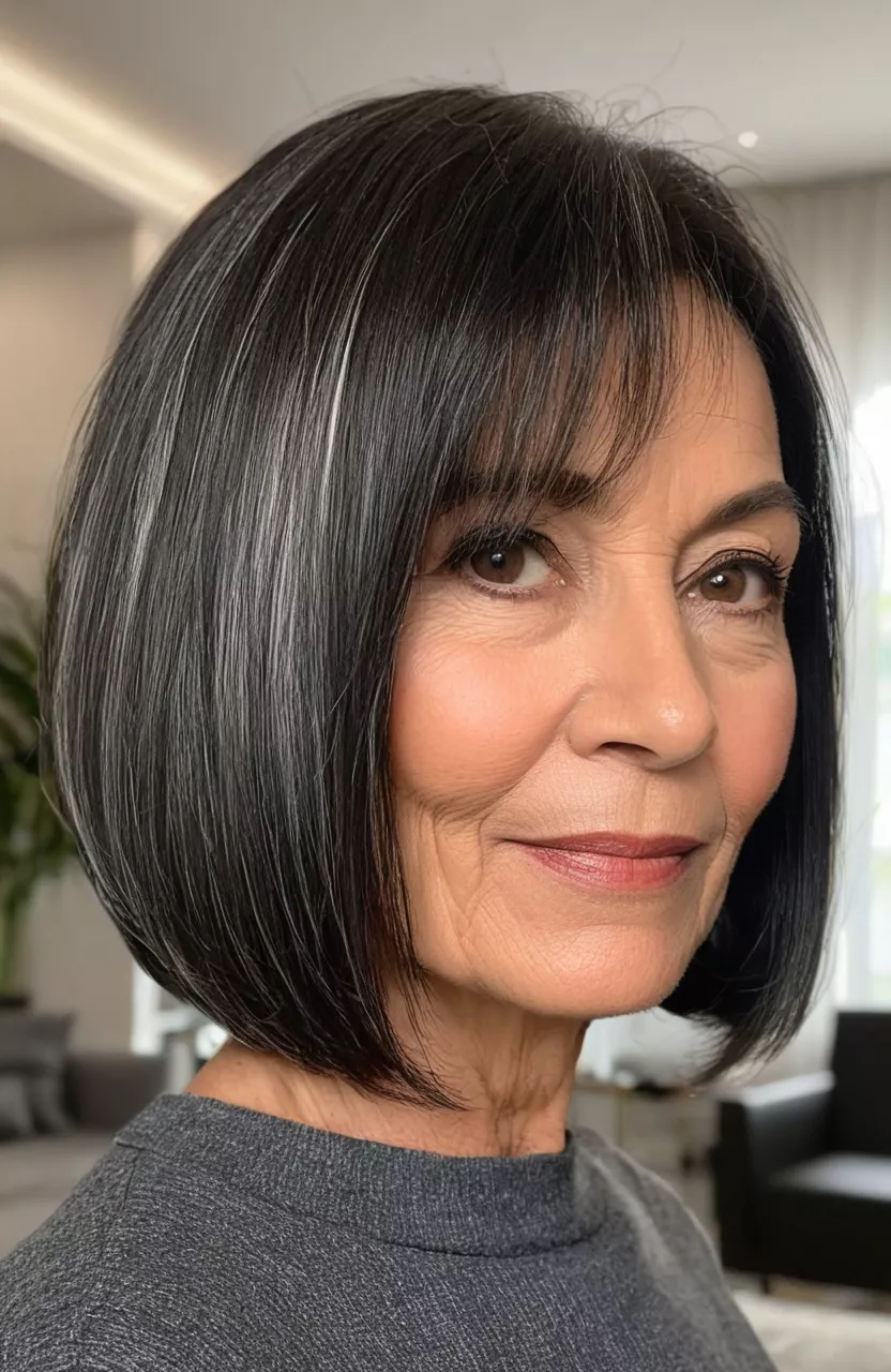 A photo of a 60-year-old Sandra, straight dark bob with subtle highlights, front view, living room background