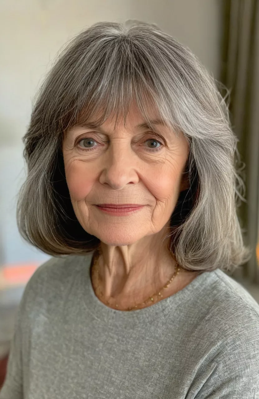 Curtain Bangs A photo of a 65-year-old Ruth, curtain bangs, front view, living room background