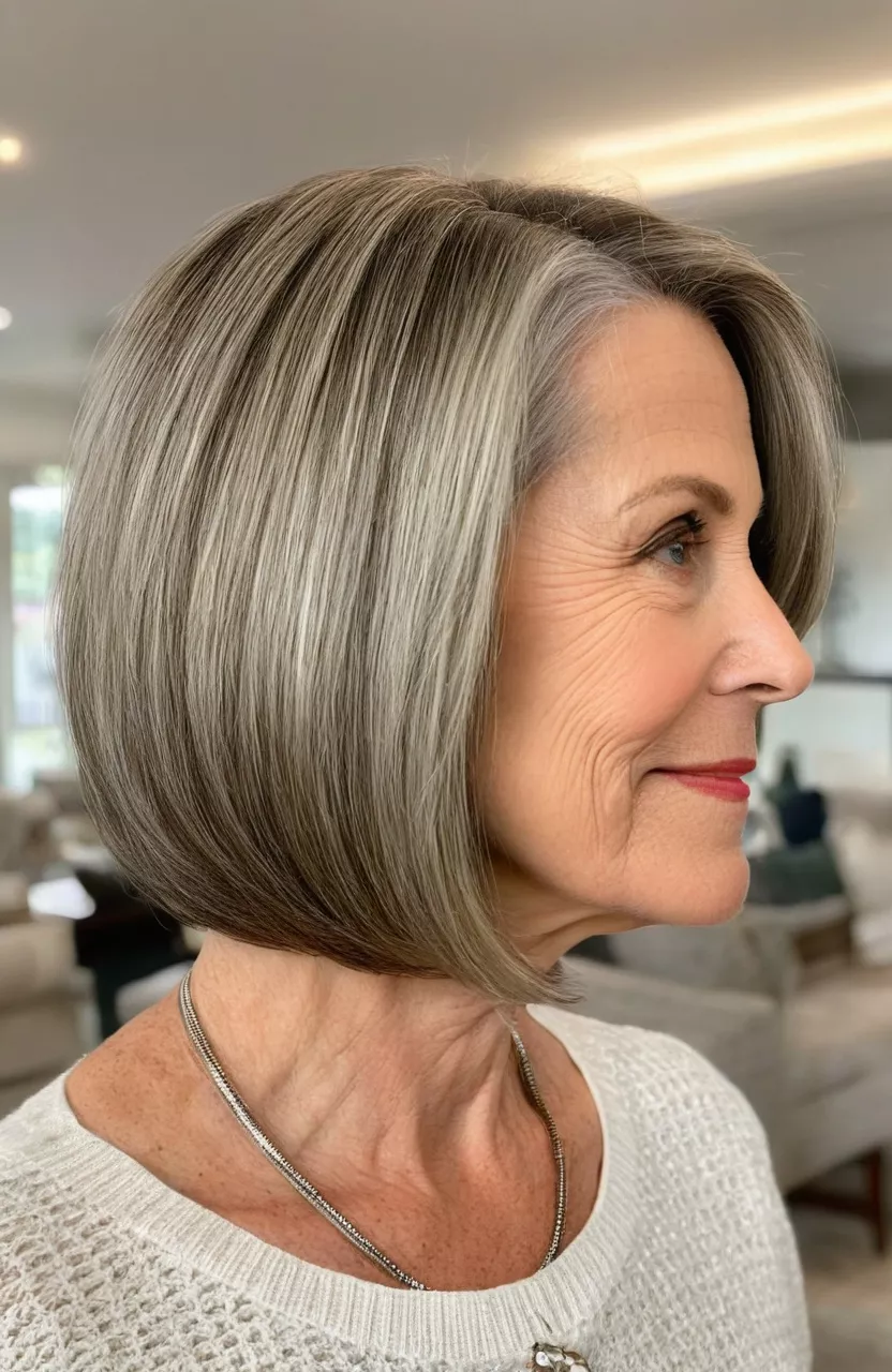 Angled Bob A photo of a 60-year-old Helen, angled bob, side view, living room background