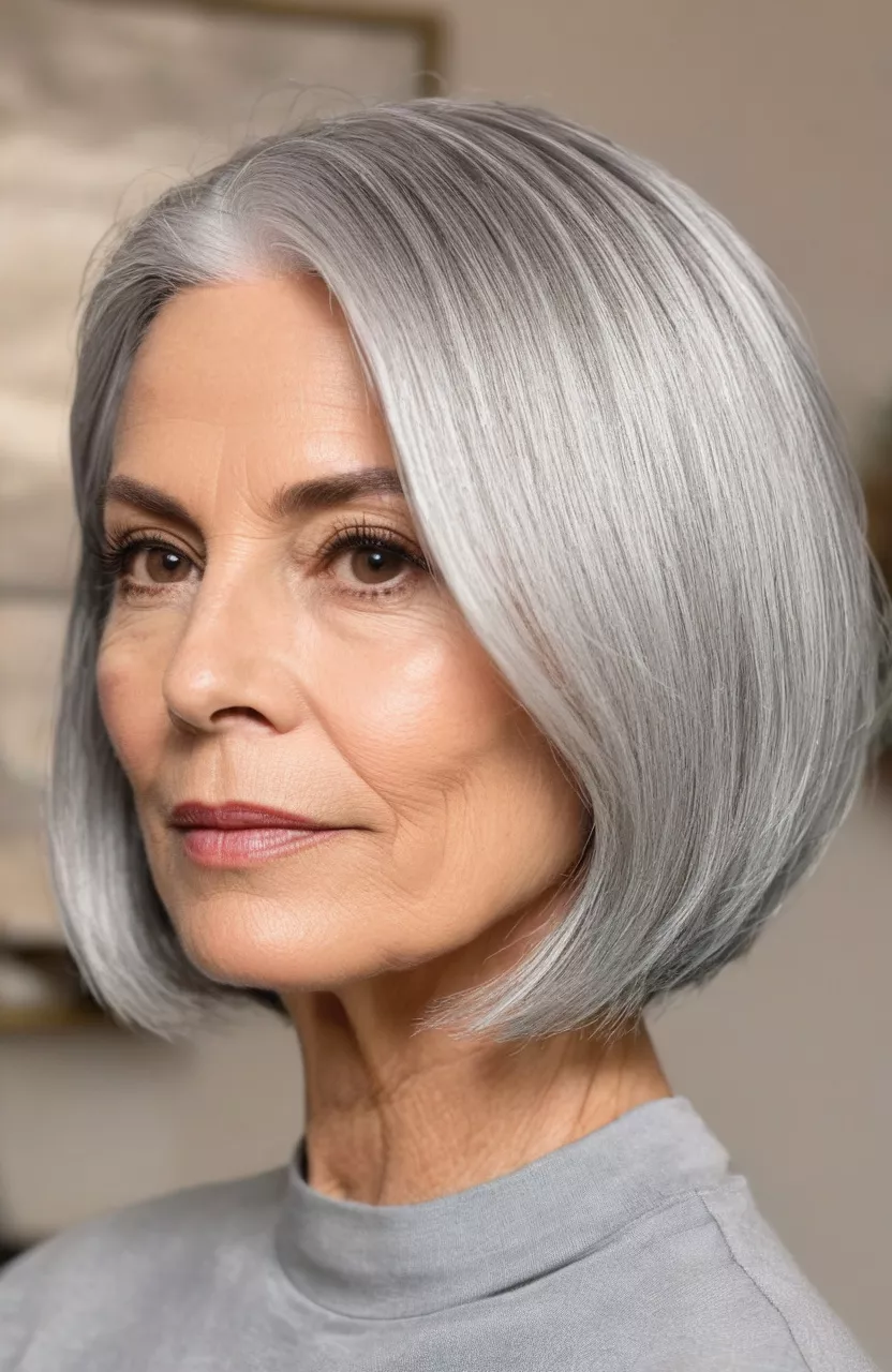 Side-Parted Straight Silver Bob A photo of a 56-year-old Jean, side-parted straight silver bob, side view, living room background