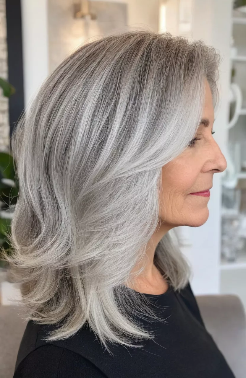 Blonde to Silver Medium-Length Makeover A photo of a 56-year-old Ruth, blonde to silver ombre medium hair, side view, living room background