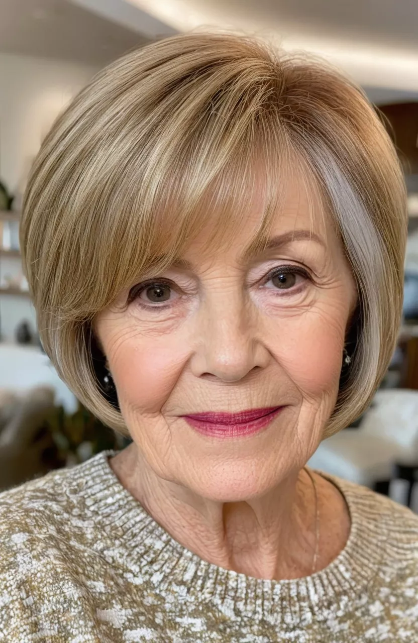 Short Layered Bob with Side Part A photo of a 78-year-old Julie, short layered bob with side part, front view, living room background