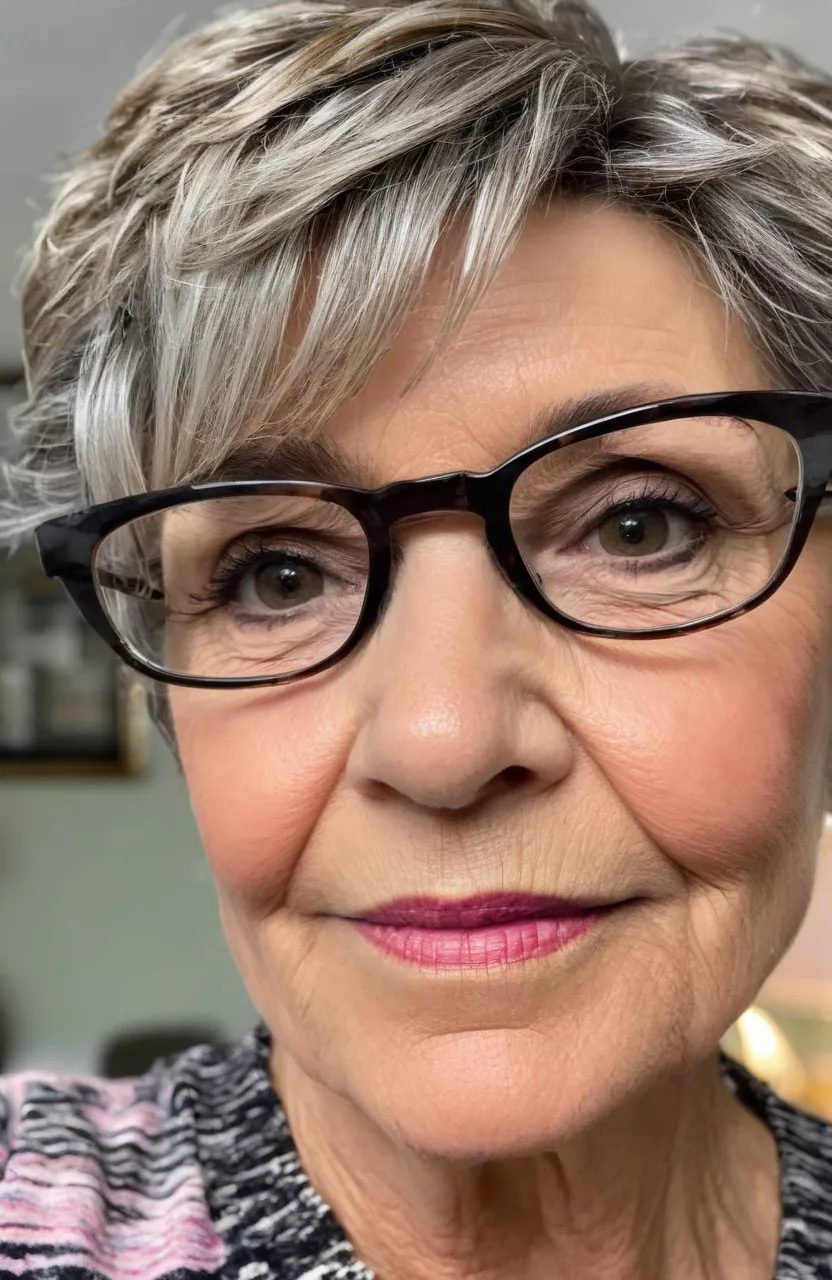 A photo of a 51-year-old Dorothy with glasses, piecey pixie with highlights, front view, living room background