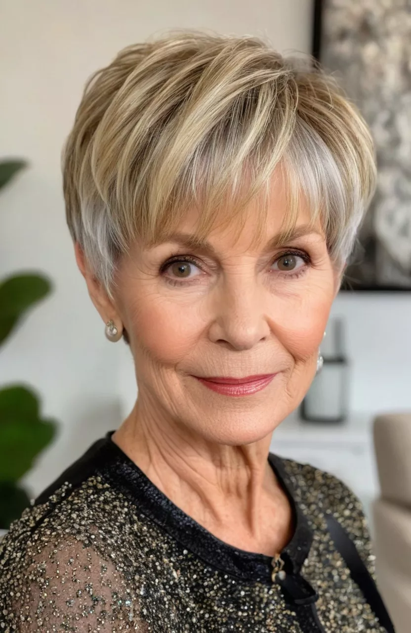 Blonde Balayage Pixie with Fringe A photo of a 71-year-old Jennifer, blonde balayage pixie with fringe, front view, living room background