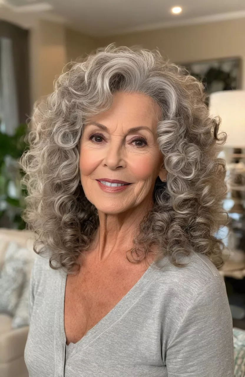 Voluminous Curls A photo of a 67-year-old Brenda, voluminous curls, front view, living room background