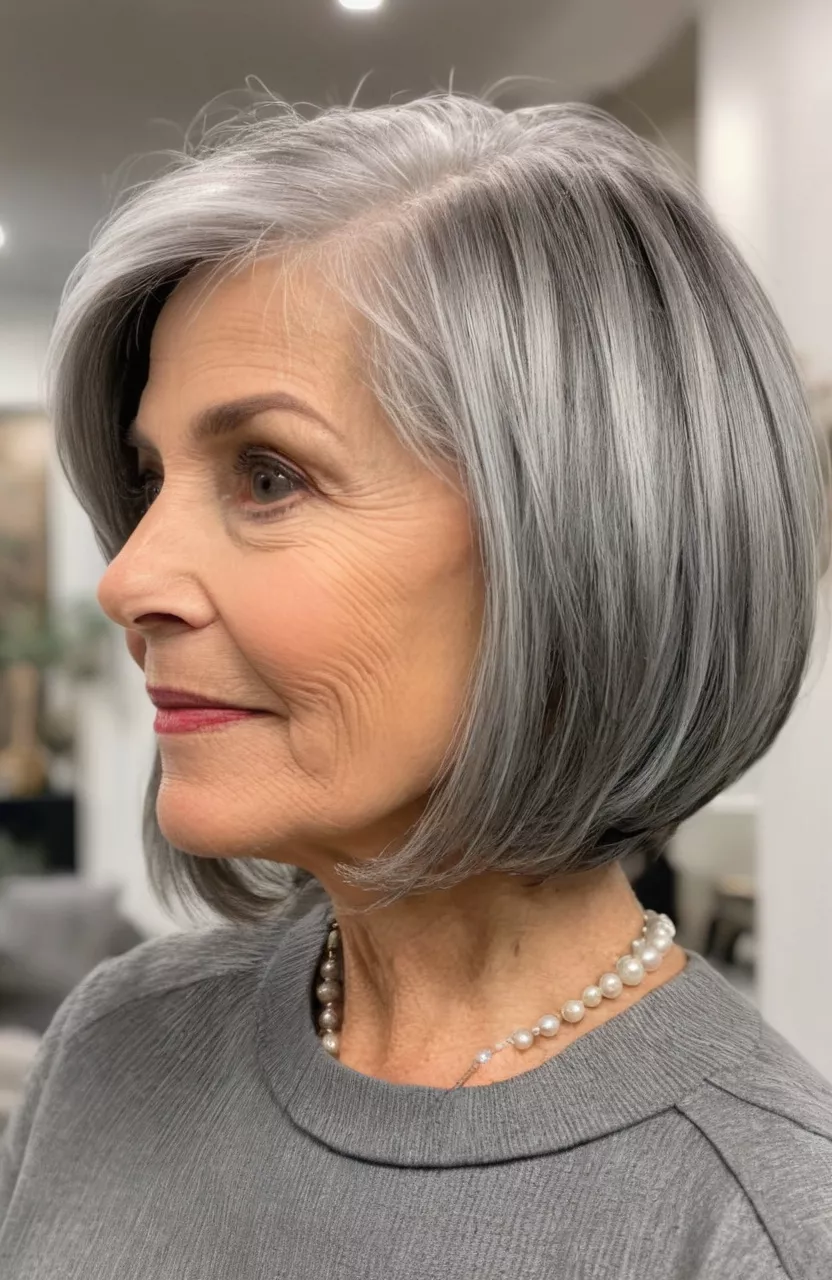 A photo of a 68-year-old Donna, layered gray bob with multiple lengths, side view, living room background