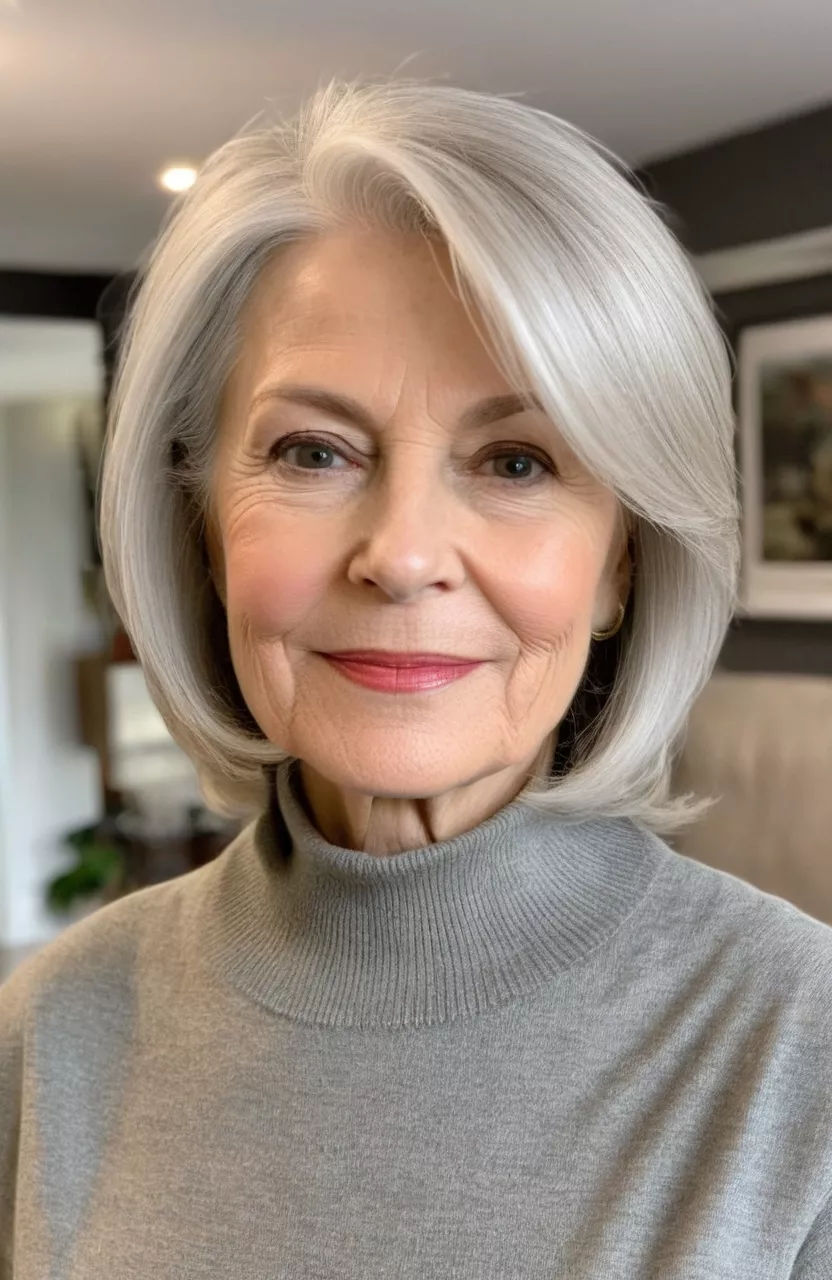 A photo of a 69-year-old Amy, silver blonde shoulder-length cut with tapered face-framing layers, front view, living room background