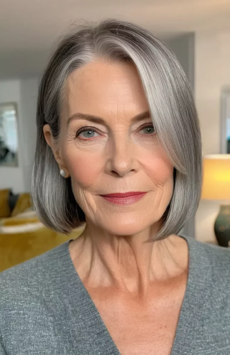 A photo of a 61-year-old Emma, sleek lob, front view, living room background