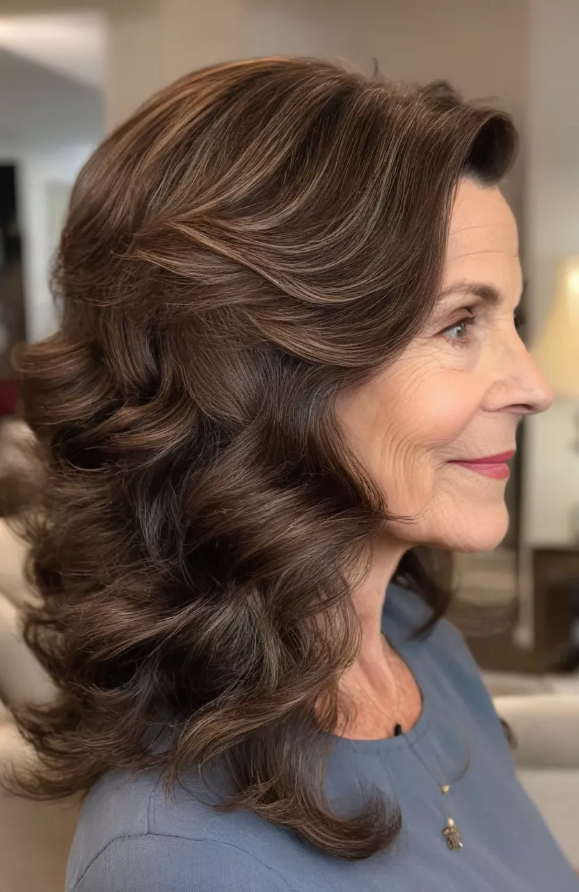 A photo of a 63-year-old Carolyn, long chocolate brown waves with side part, side view, living room background