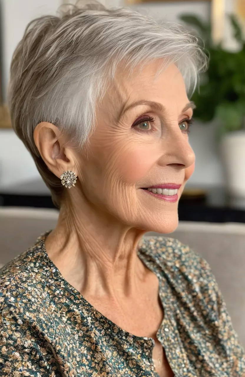 Chic Pixie for Super Thin Hair A photo of a 74-year-old Barbara, chic pixie for super thin hair, side view, living room background