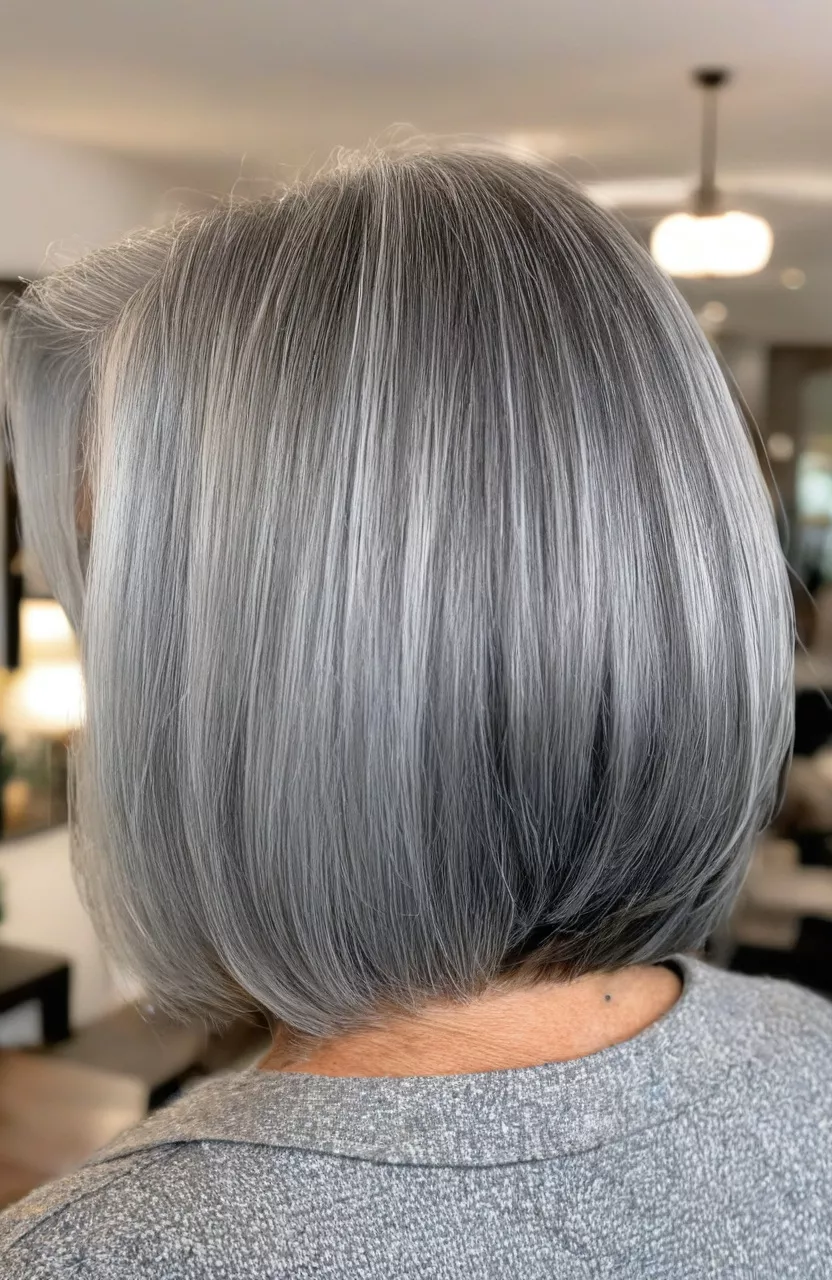 A photo of a 66-year-old Patricia, long gray bob with extended layers, back view, living room background