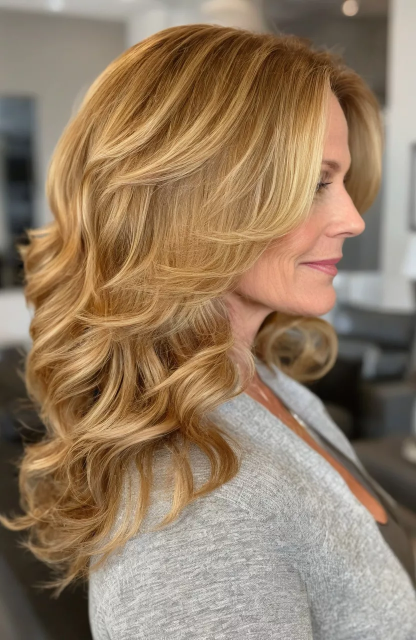 A photo of a 51-year-old Amy, structured golden blonde layered waves, side view, living room background