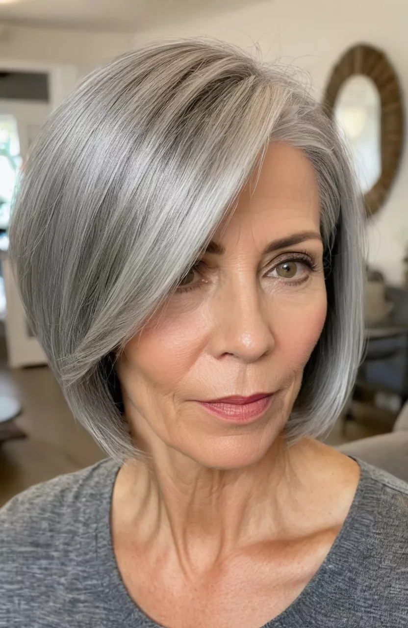 Silver Bob with Natural Coloring A photo of a 51-year-old Michelle, silver bob with natural coloring, front view, living room background