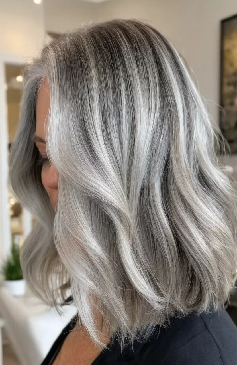Silver Lob with Balayage A photo of a 50-year-old Frances, silver lob with balayage, front view, living room background