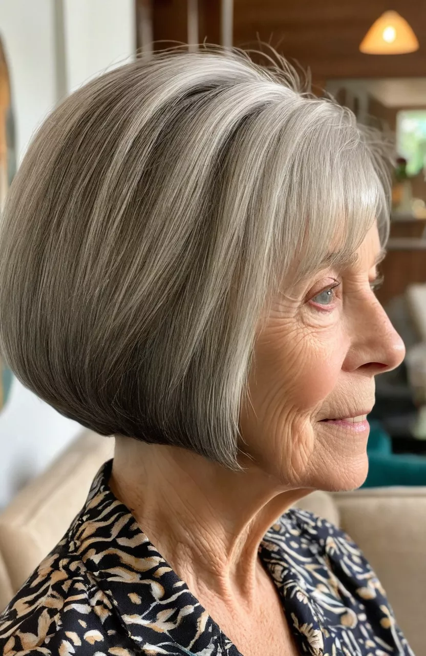 A photo of a 71-year-old Linda, concave bob, side view, living room background