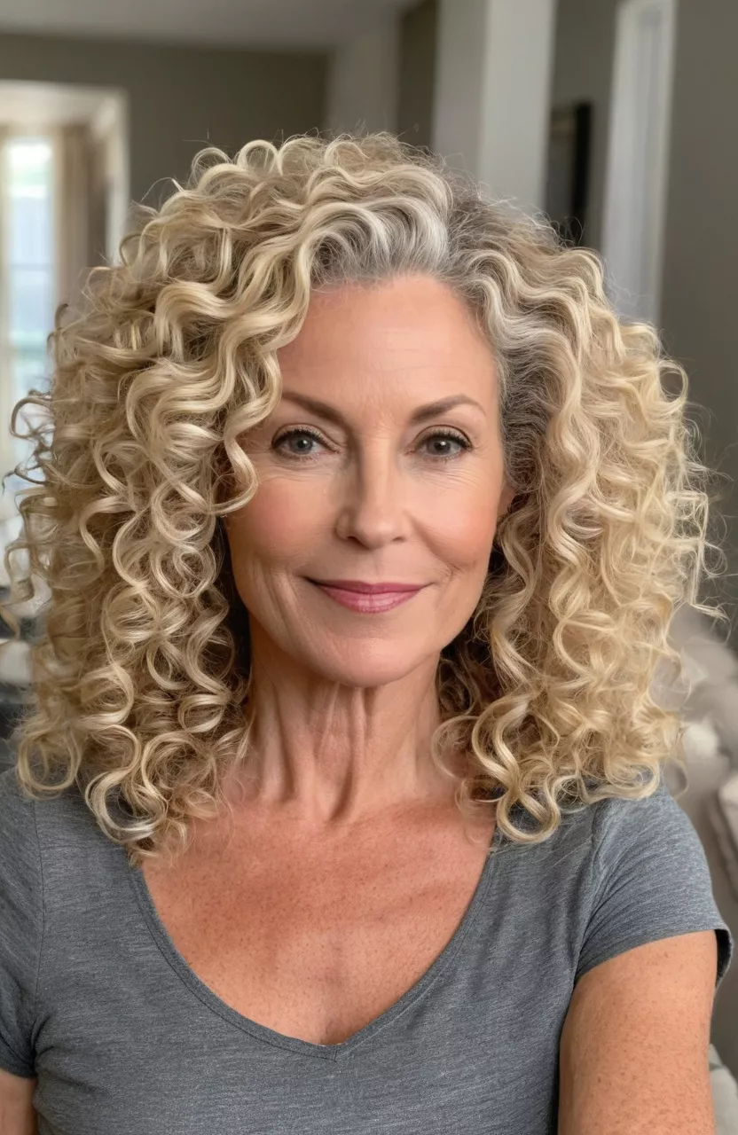 Thick Blonde Curls A photo of a 51-year-old Margaret, thick blonde curls, front view, living room background