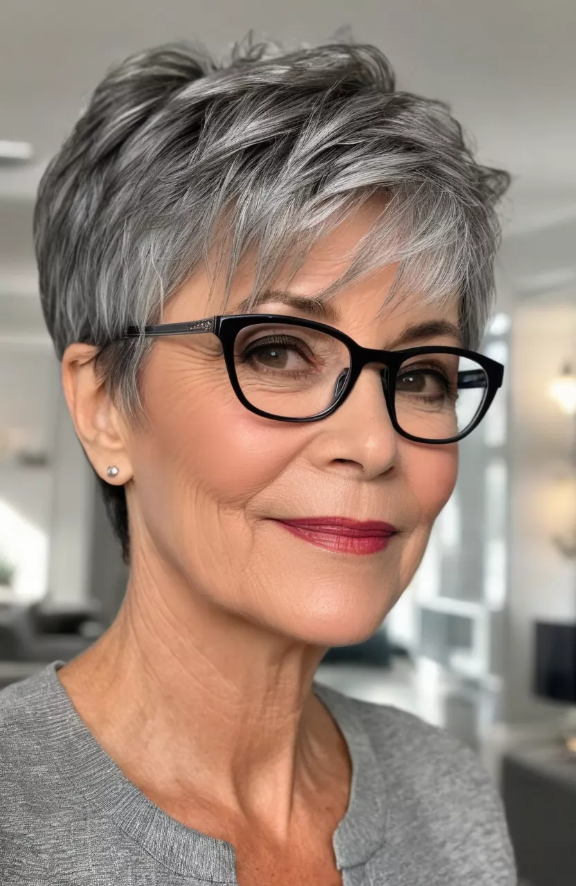 A photo of a 58-year-old Karen with glasses, gray layered tapered pixie, back view, living room background