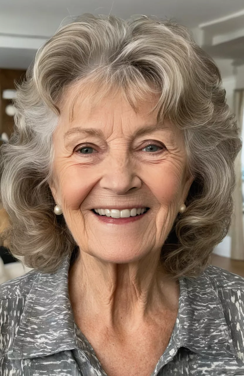 Tousled Waves A photo of a 75-year-old Linda, tousled waves, front view, living room background