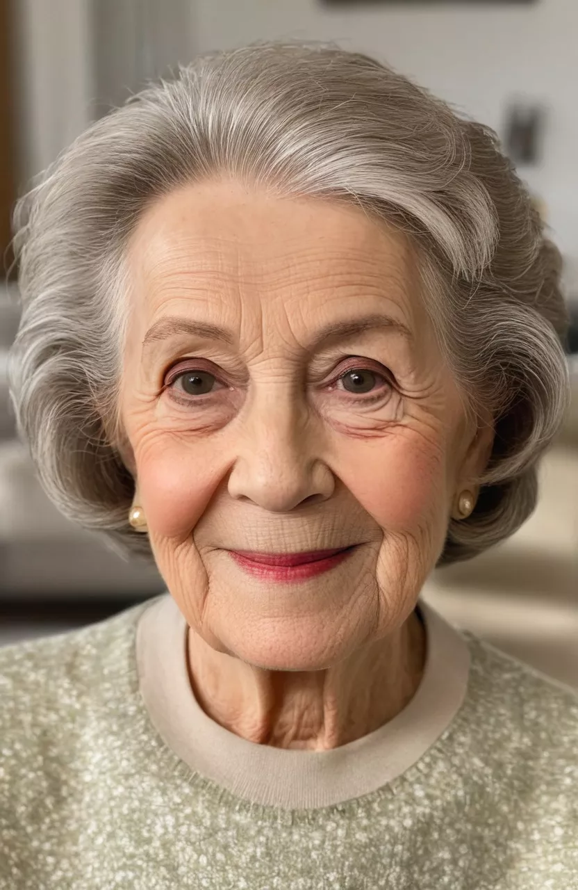 A photo of a 79-year-old Ruth, bob for thinning hair, front view, living room background