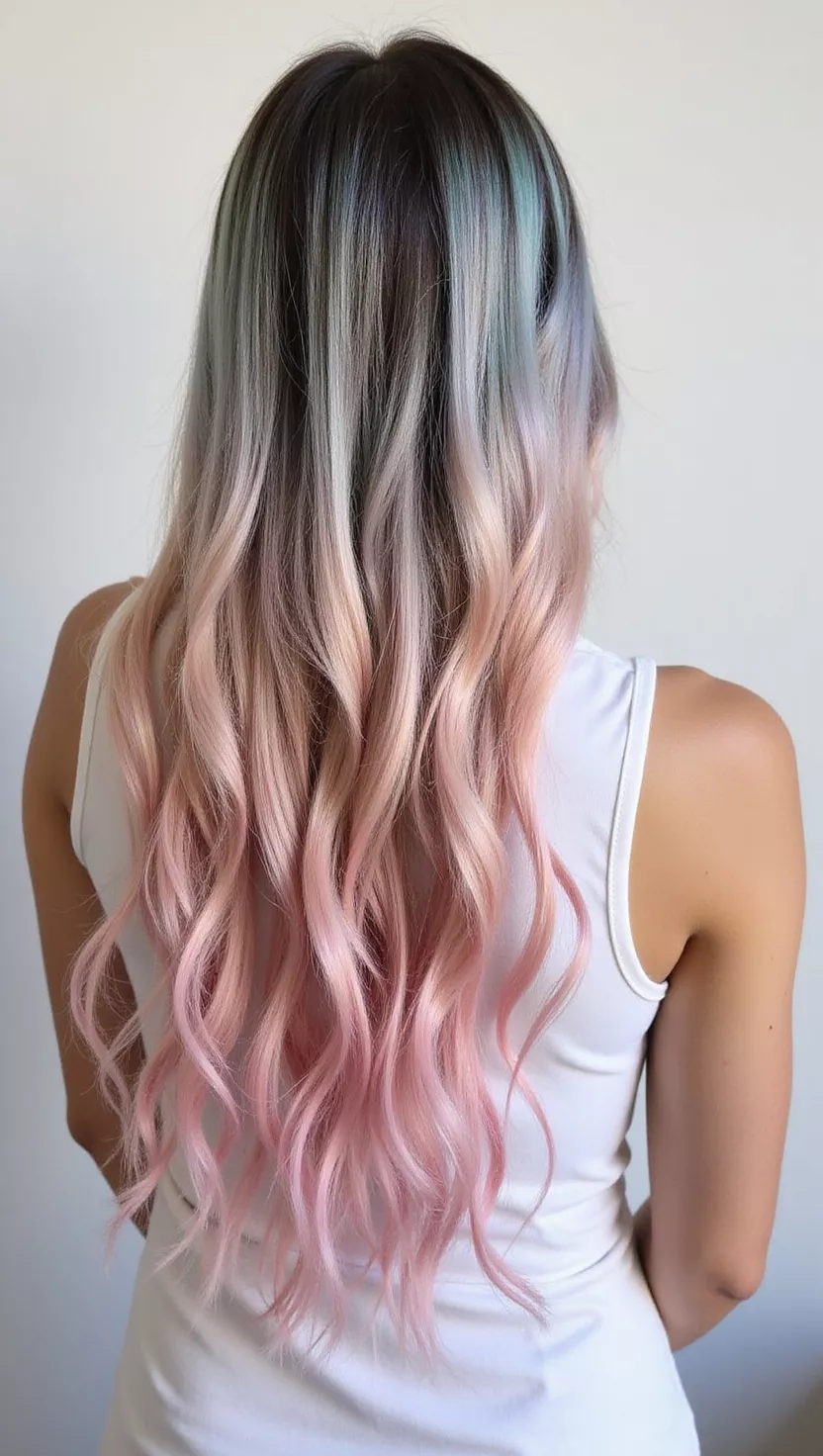 Pastel Rainbow Braids A 26-year-old woman with delicate pastel rainbow colored long braids, back view.
