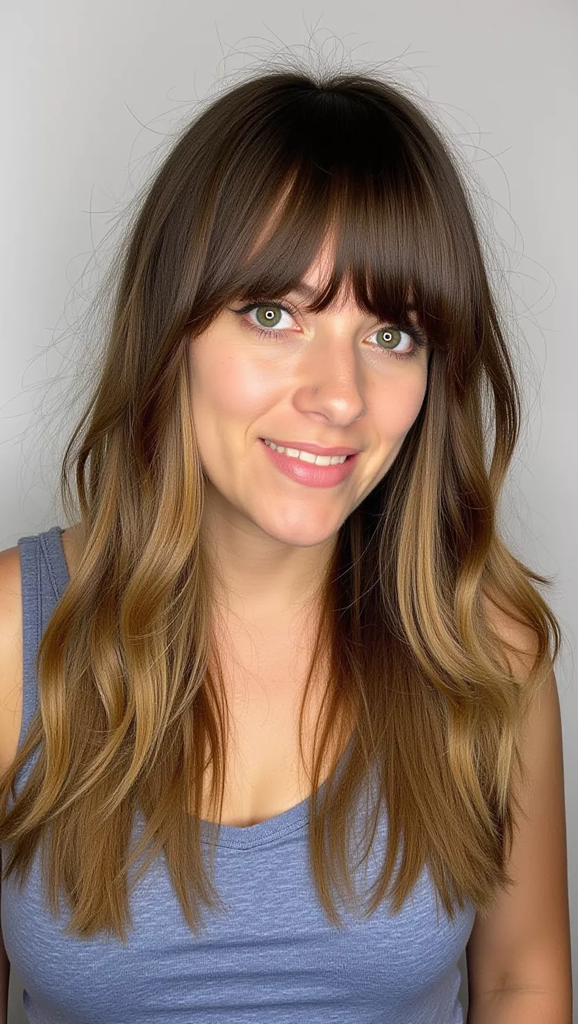 A photo of a 29-year-old woman with a bangs with highlights brunettes colored layered hair.