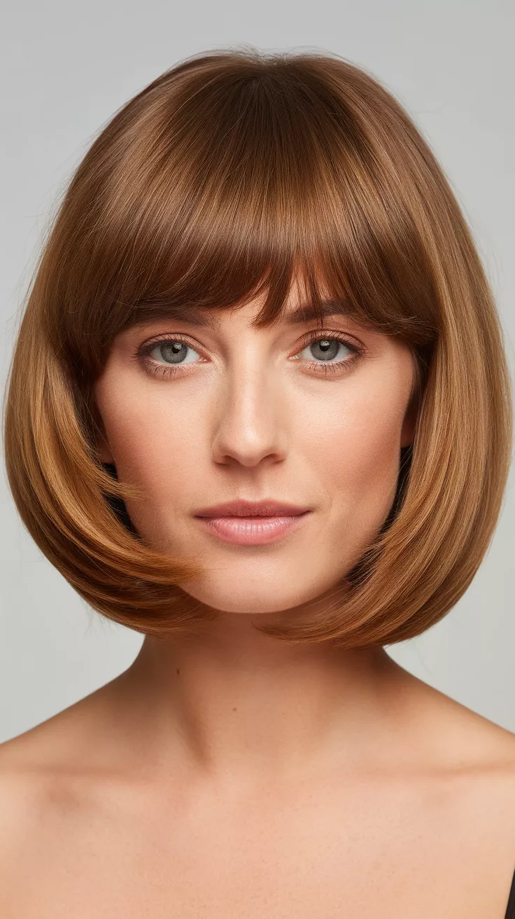 French Bob with Full Bangs A beautiful 30-year-old woman with a french bob with full bangs hairstyle, front view.